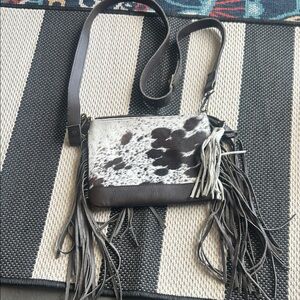 Raviani Brown and White Cowhide Fringe Crossbody